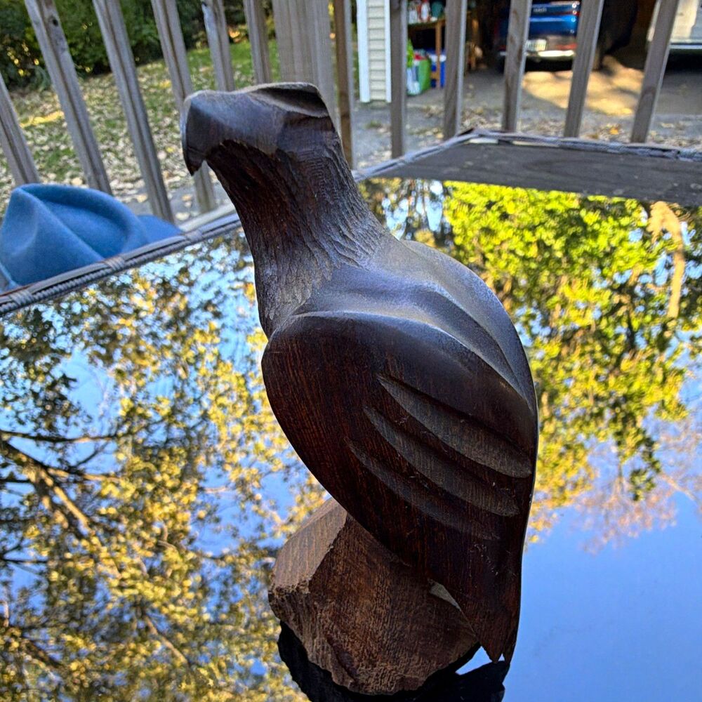 Hand Carved Wooden Eagle Figurine Brown Natural Finish 4.5 in Small